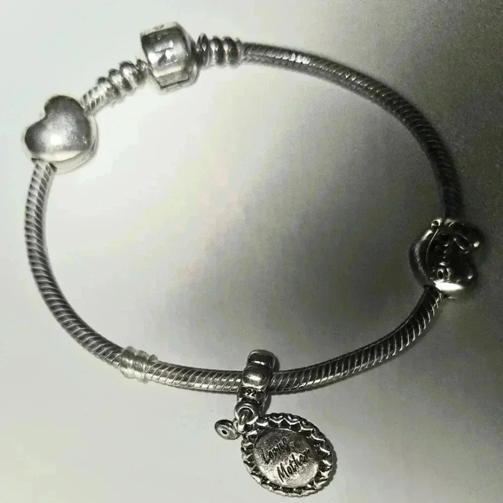 Pandora bracelet with 4 charms 100% Silver Authentic - Picture 3 of 13